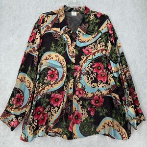 Vikki Vi Blouse Silk Velvet Burnout Blend‎ Floral Semi Sheer Button Up Top